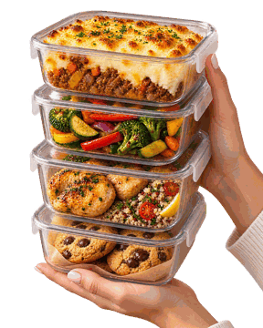 Une main qui tient une pile de boîtes repas maison